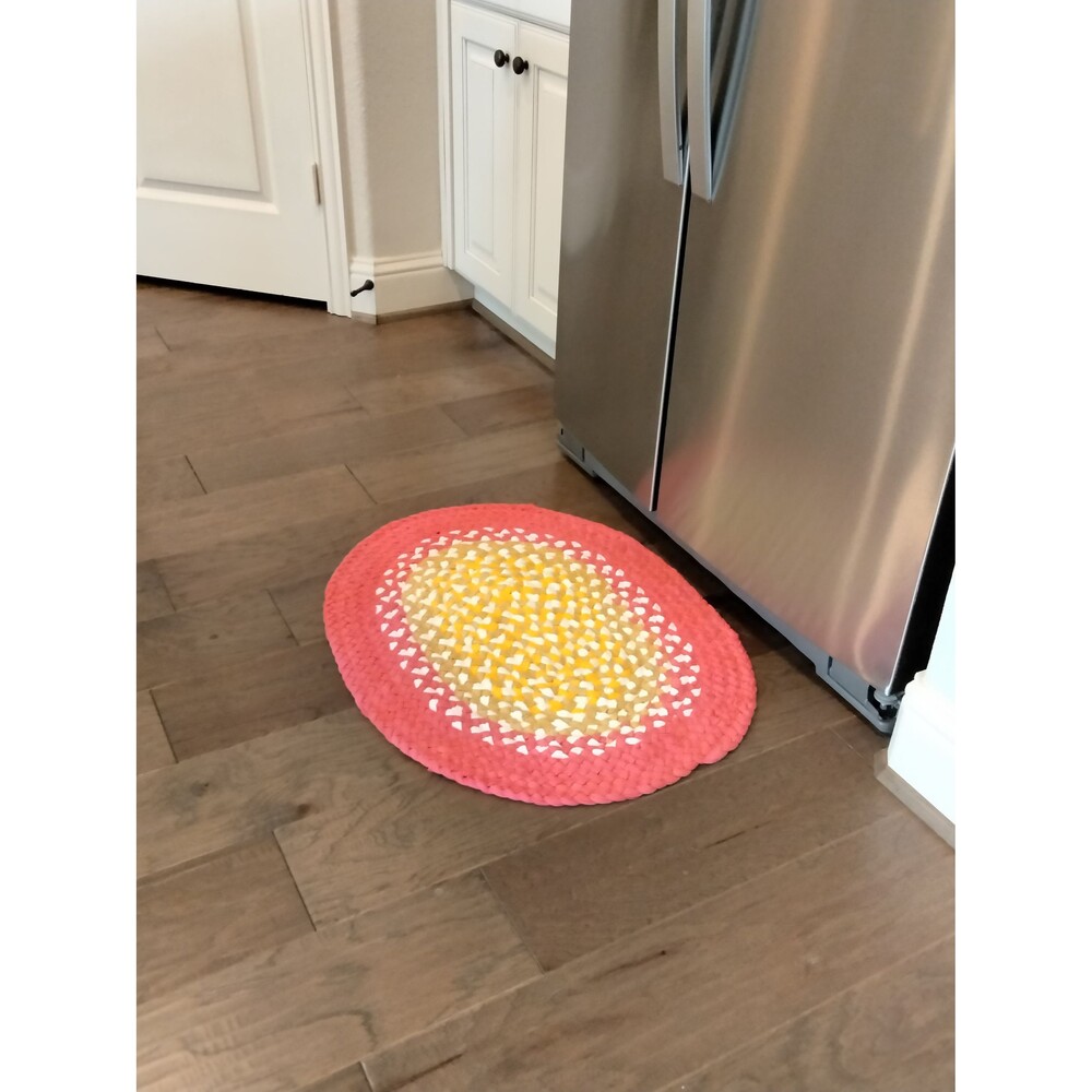 Braided Rag Rug Oval 22.5 x 29 Coral Pink Yellow Gold White